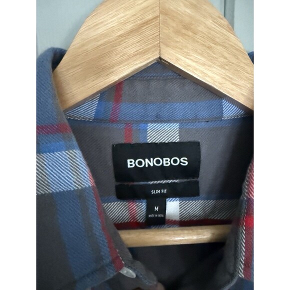 Bonobos Flannel Shirt M Medium Gray Blue Red Plaid Stretch Slim Fit Button Up - Picture 4 of 9